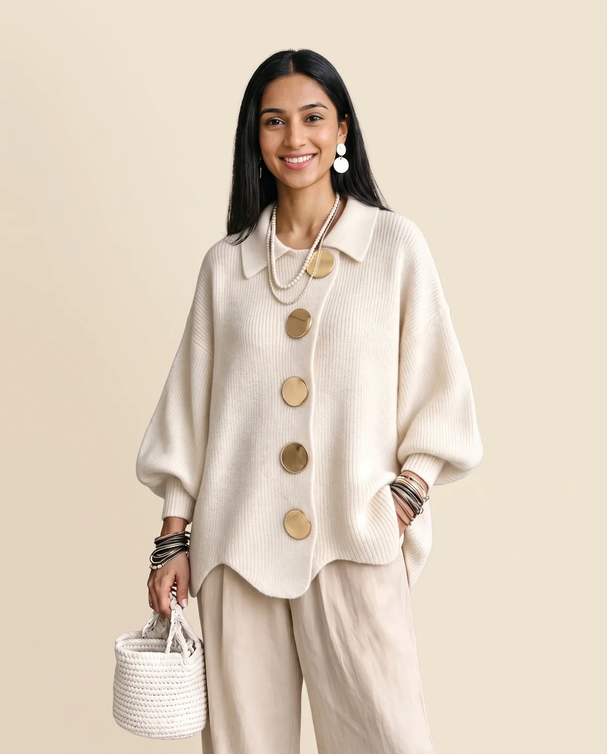 Collared Cardigan with Gold Buttons in Cream, front view, worn by Priya