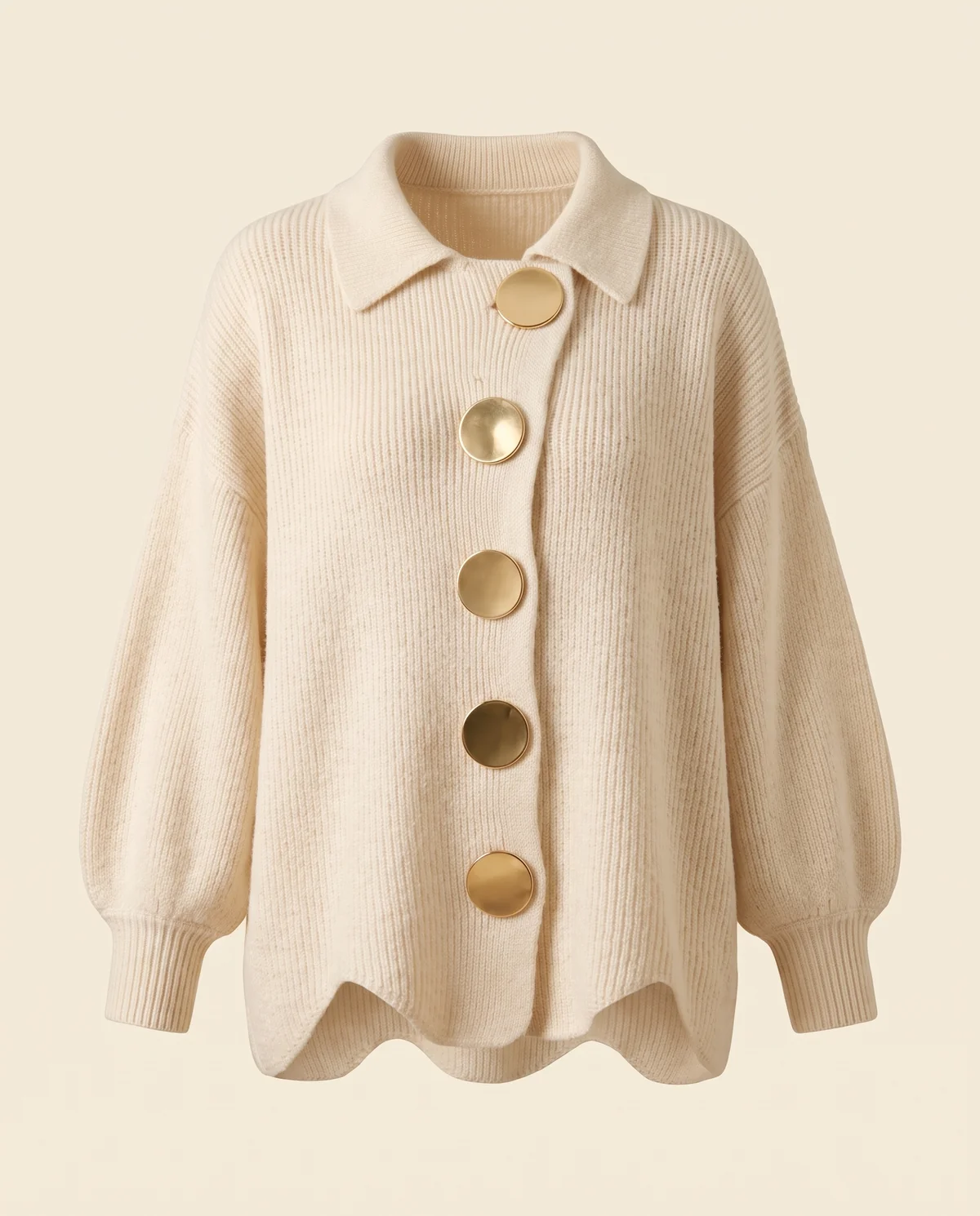 Collared Cardigan with Gold Buttons in Cream, product shot on a plain background