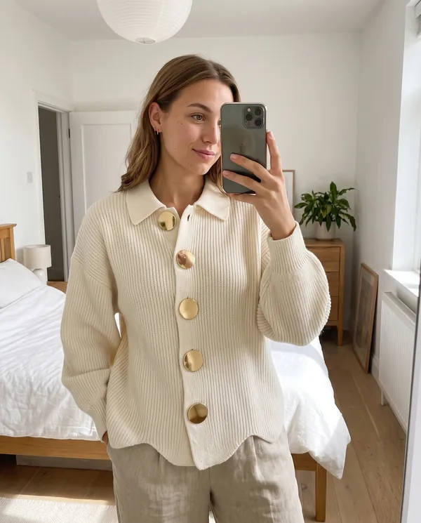 Satin Eve styling: Collared Cardigan with Gold Buttons