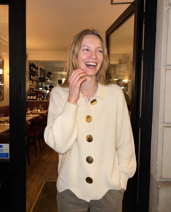 Satin Eve styling: Collared Cardigan with Gold Buttons