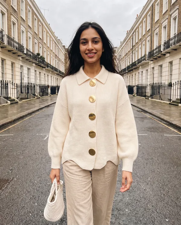 Satin Eve styling: Collared Cardigan with Gold Buttons