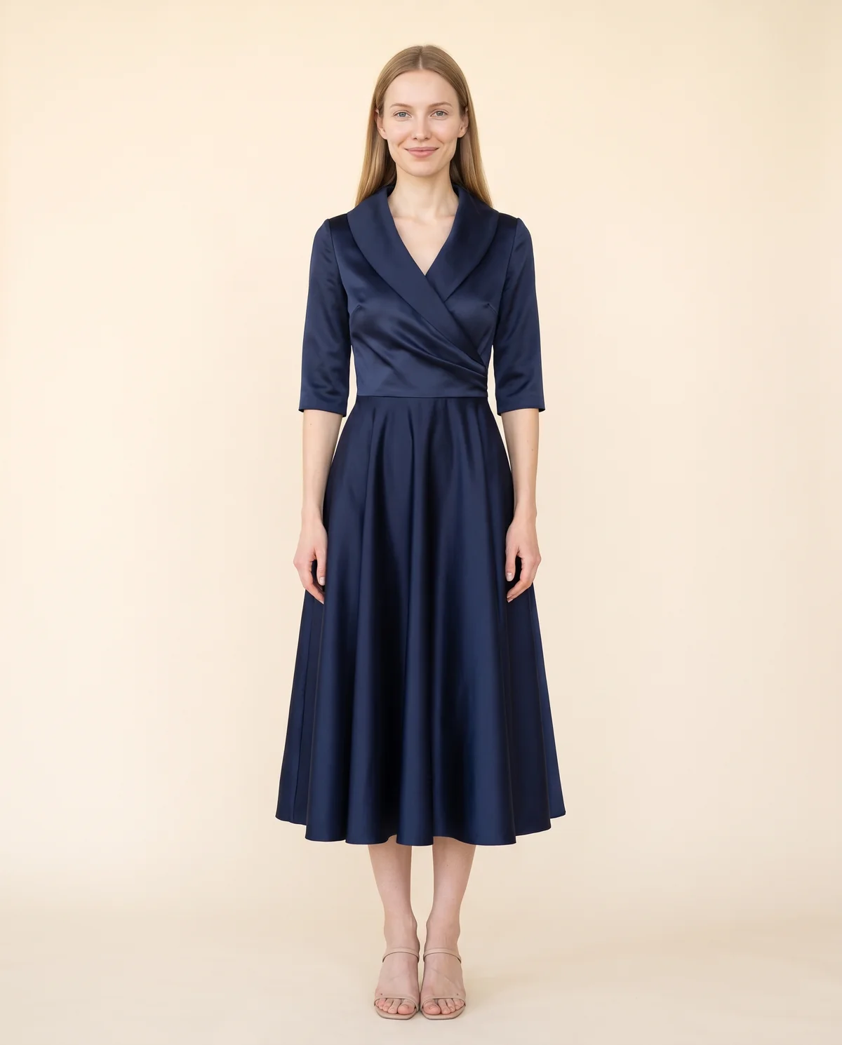 Wrap-Front Full-Skirt Midi Dress in Navy, front view, worn by Maya