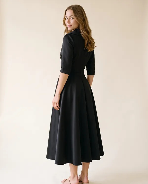 Wrap-Front Full-Skirt Midi Dress in Black, back view, worn by Ava