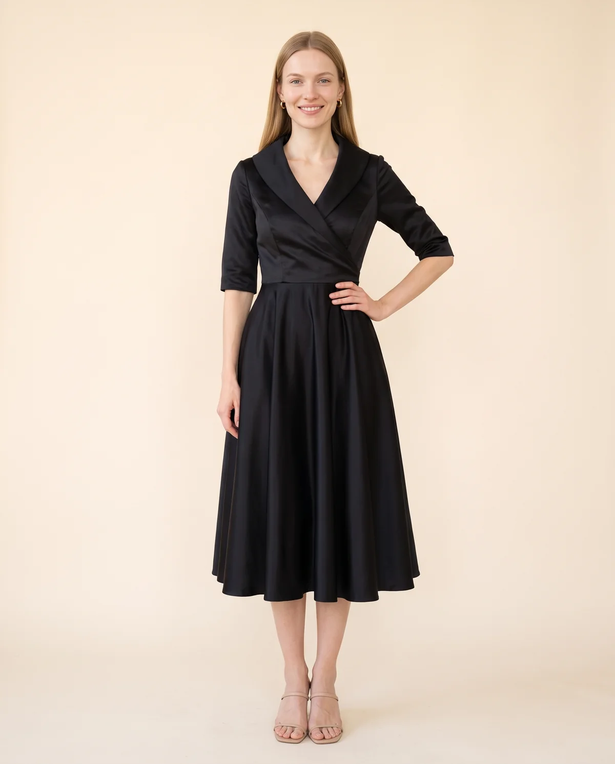 Wrap-Front Full-Skirt Midi Dress in Black, front view, worn by Maya