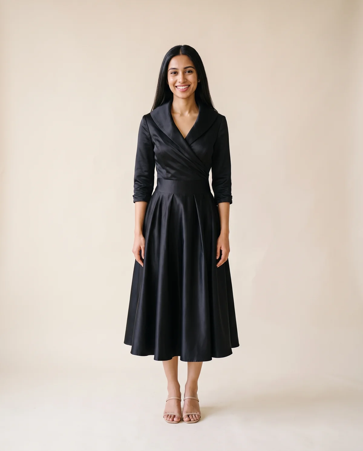 Wrap-Front Full-Skirt Midi Dress in Black, front view, worn by Priya