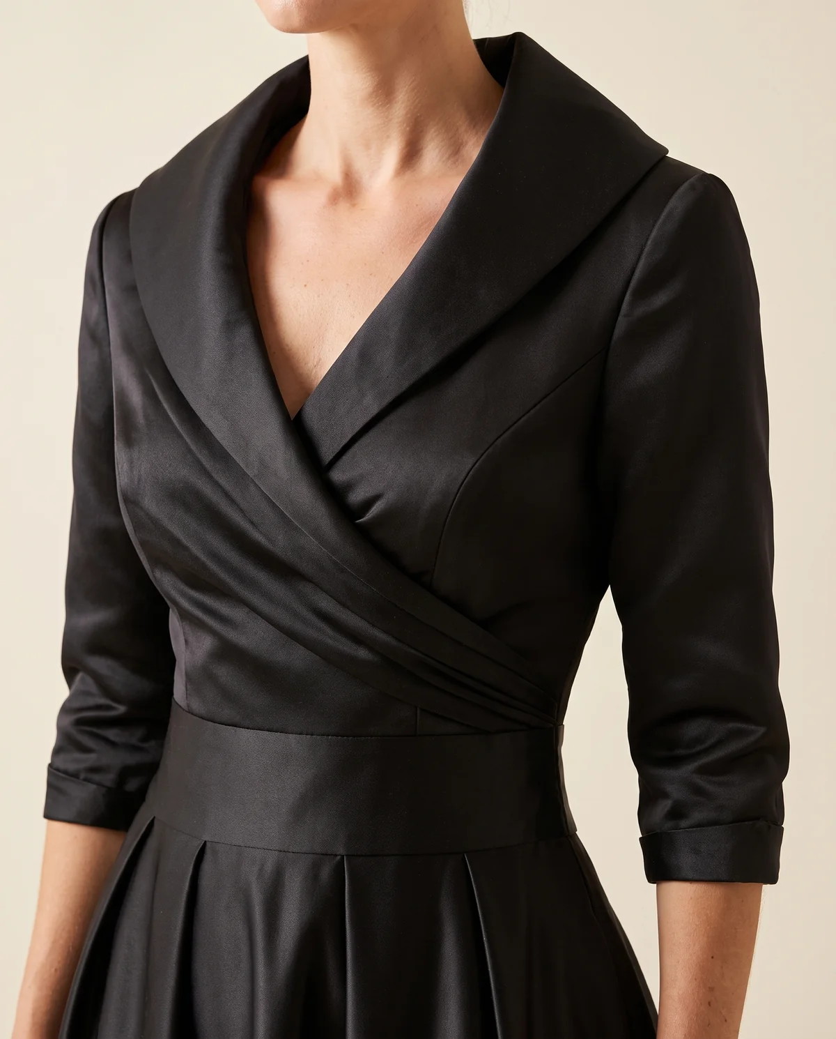 Wrap-Front Full-Skirt Midi Dress in Black, close-up of the detail