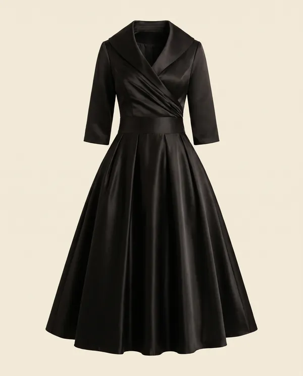 Wrap-Front Full-Skirt Midi Dress in Black, product shot on a plain background