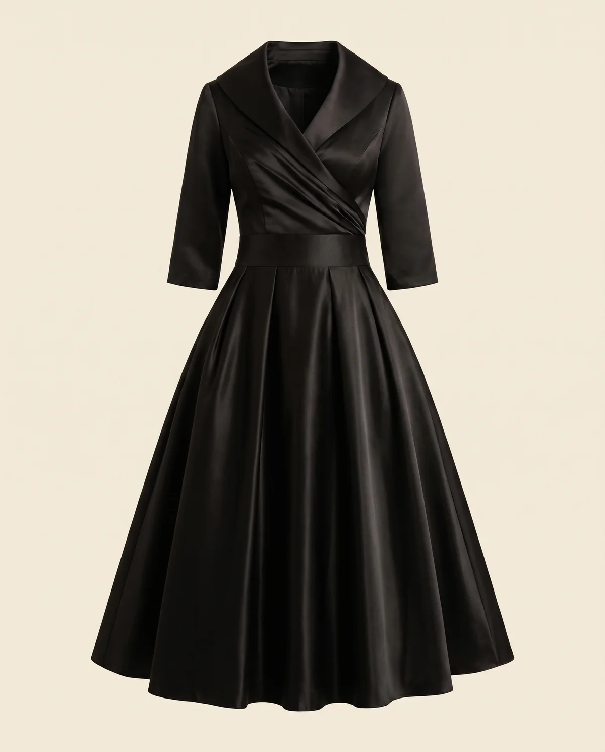 Wrap-Front Full-Skirt Midi Dress in Black, product shot on a plain background