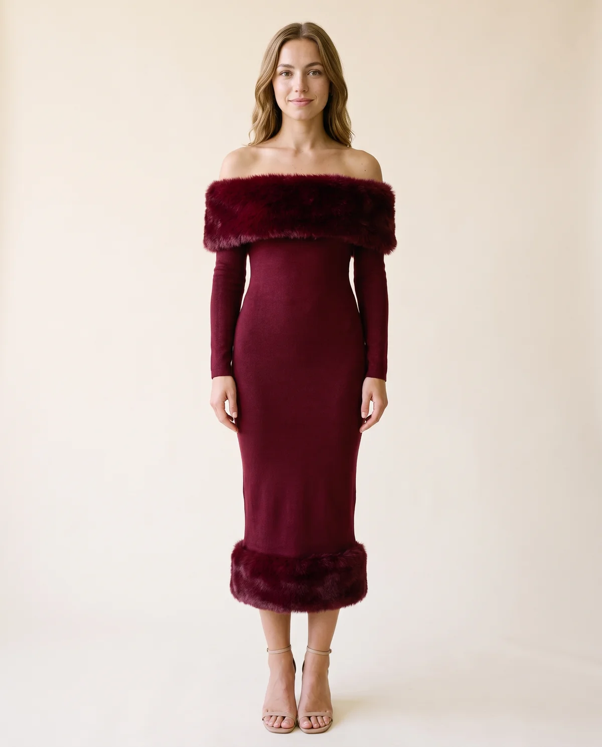 Off-Shoulder Faux Fur Trim Bodycon Midi in Wine, front view, worn by Ava