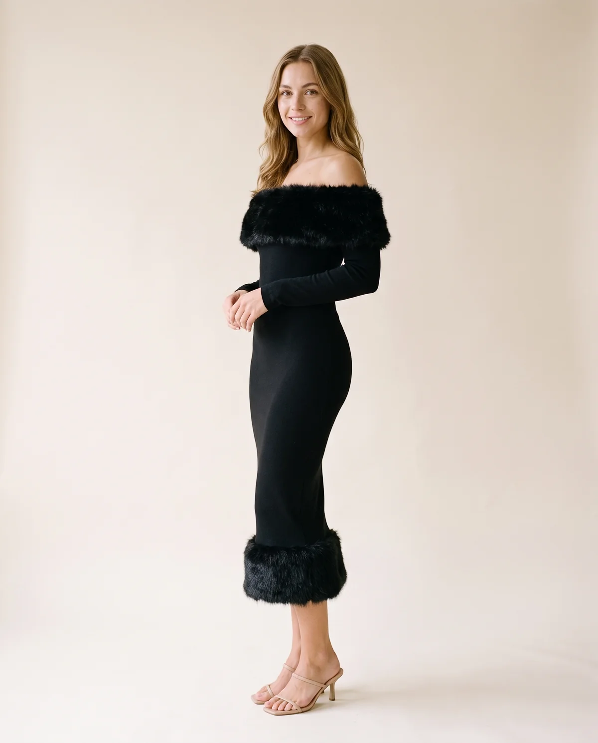 Off-Shoulder Faux Fur Trim Bodycon Midi in Black, side view, worn by Ava