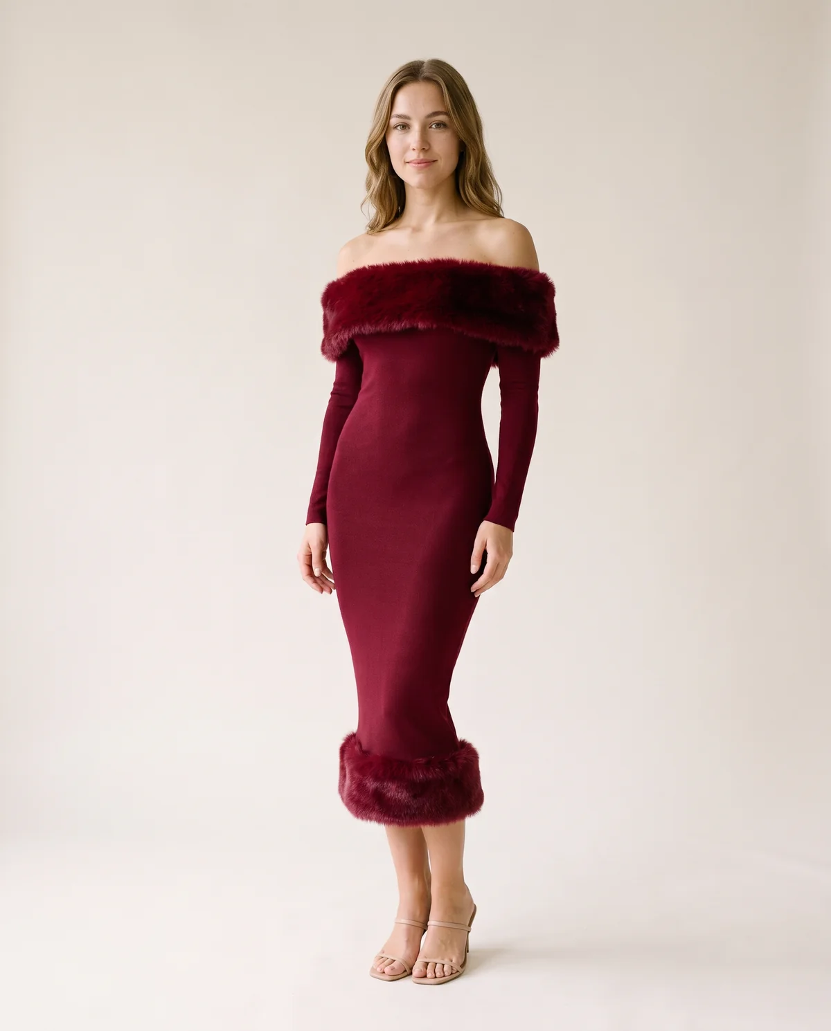 Off-Shoulder Faux Fur Trim Bodycon Midi in Wine, side view, worn by Ava