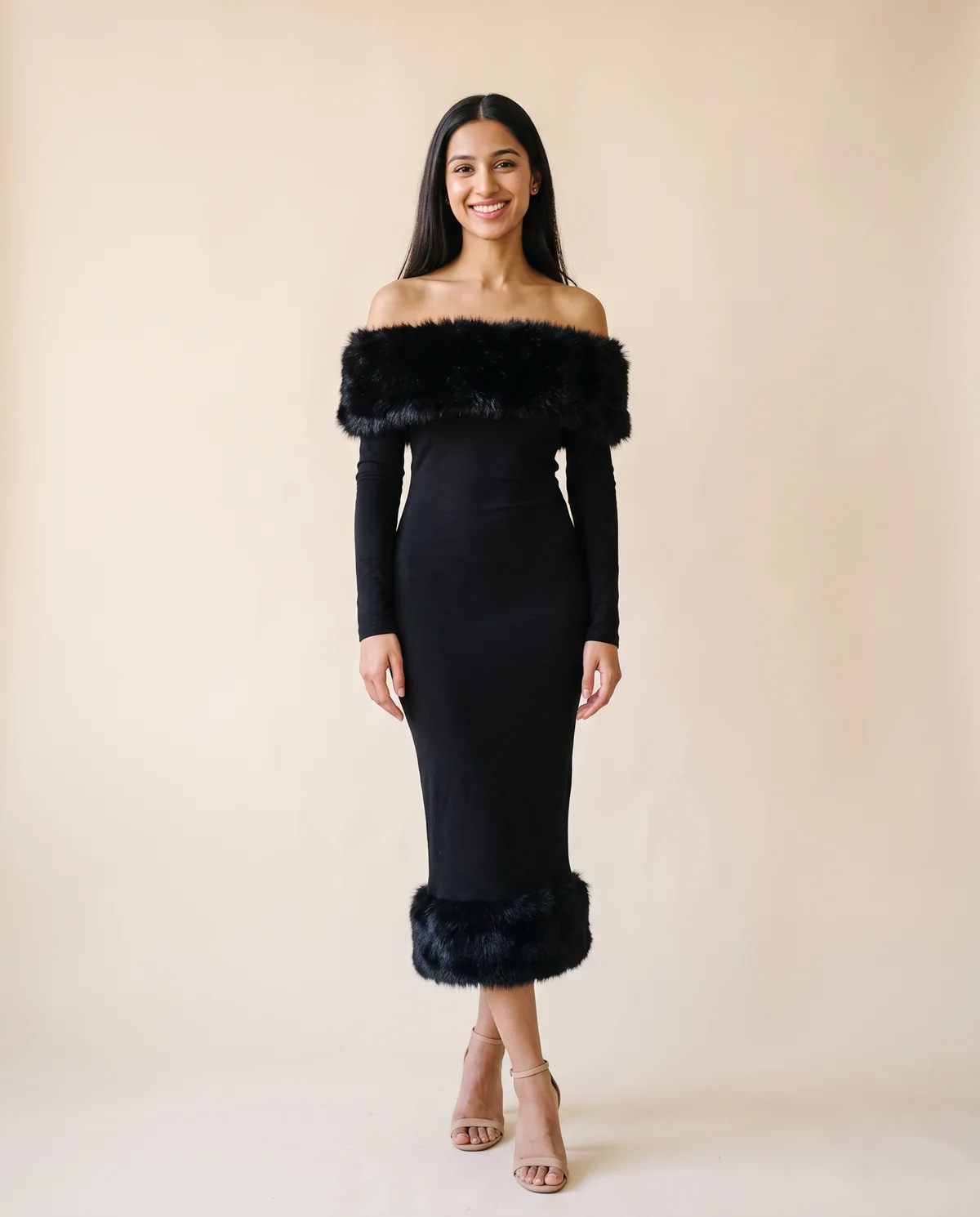 Off-Shoulder Faux Fur Trim Bodycon Midi in Black, front view, worn by Priya