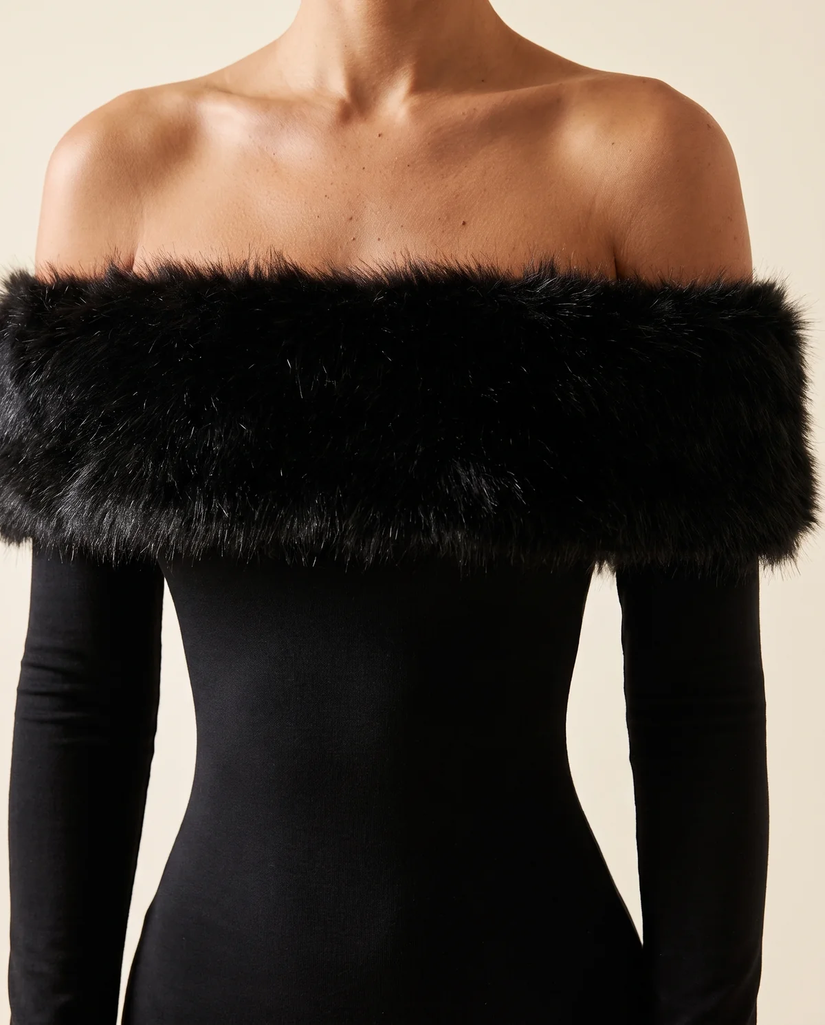 Off-Shoulder Faux Fur Trim Bodycon Midi in Black, close-up of the detail