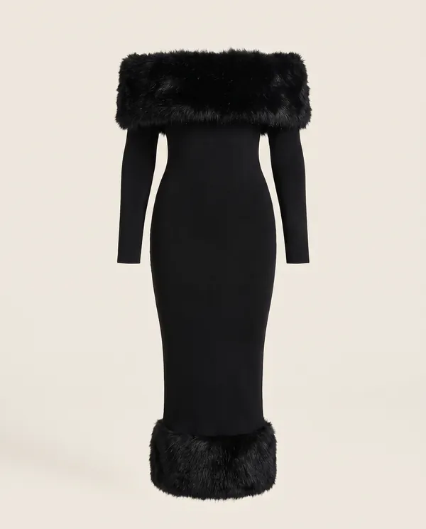 Off-Shoulder Faux Fur Trim Bodycon Midi in Black, product shot on a plain background