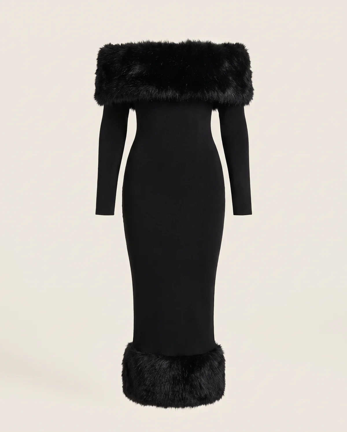 Off-Shoulder Faux Fur Trim Bodycon Midi in Black, product shot on a plain background