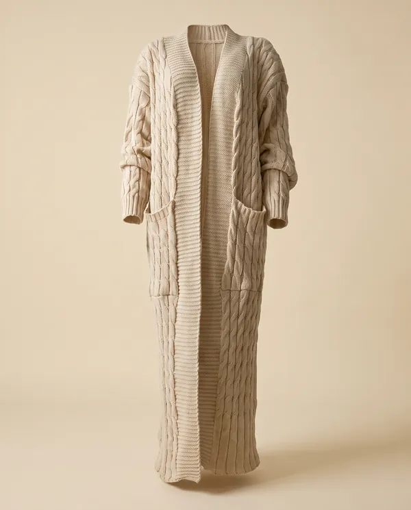 Chunky Cable Maxi Cardigan with Pockets in Beige, product shot on a plain background
