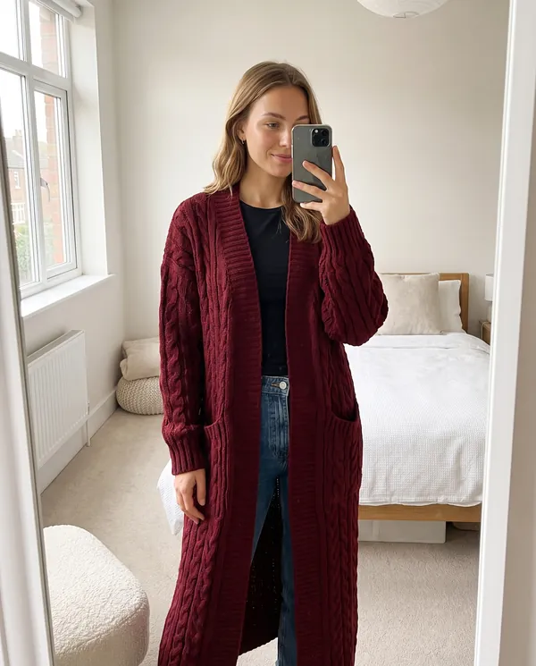 Satin Eve styling: Chunky Cable Maxi Cardigan with Pockets