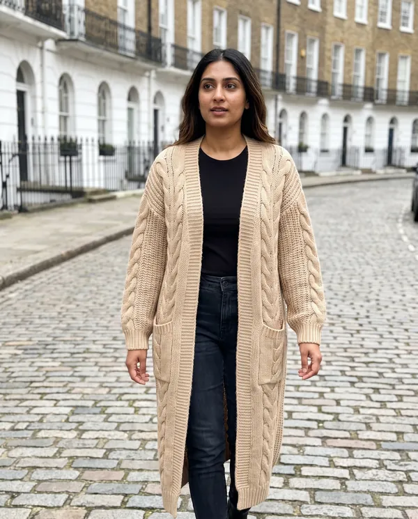Satin Eve styling: Chunky Cable Maxi Cardigan with Pockets