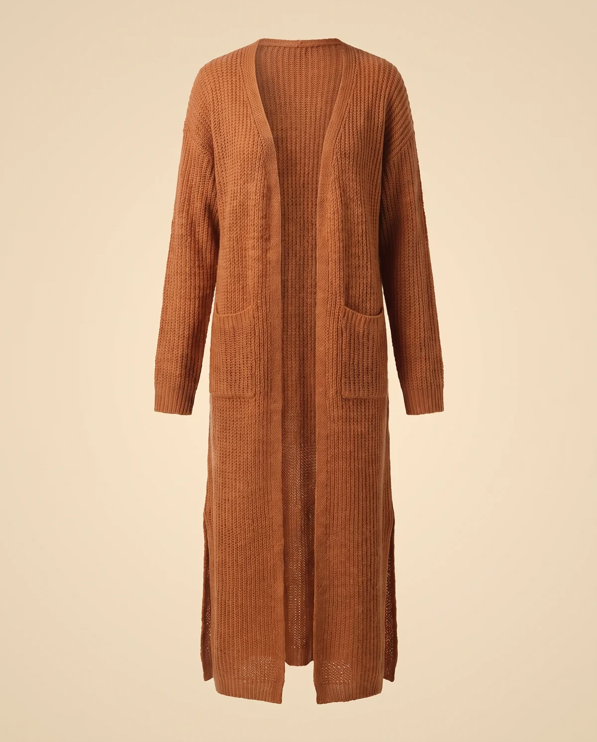 Long Open-Front Cardigan with Side Slits in Rust, product shot on a plain background
