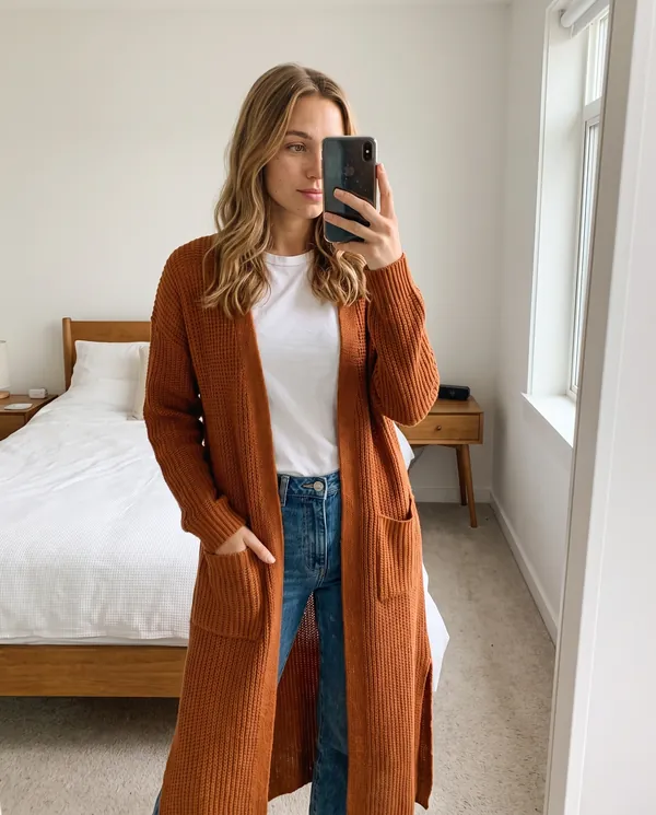 Satin Eve styling: Long Open-Front Cardigan with Side Slits