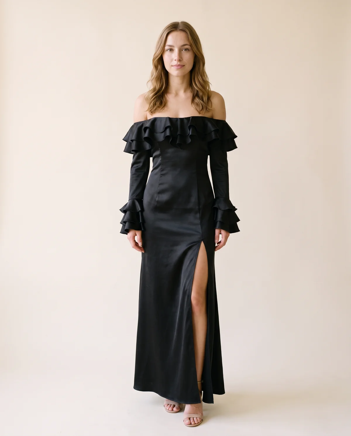 Satin Off-Shoulder Ruffle-Sleeve Maxi Dress in Black, front view, worn by Ava
