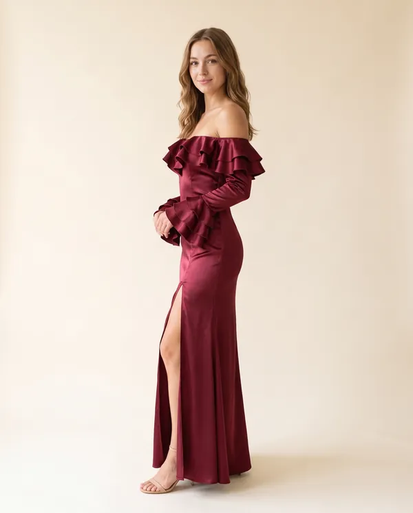 Satin Off-Shoulder Ruffle-Sleeve Maxi Dress in Wine, side view, worn by Ava
