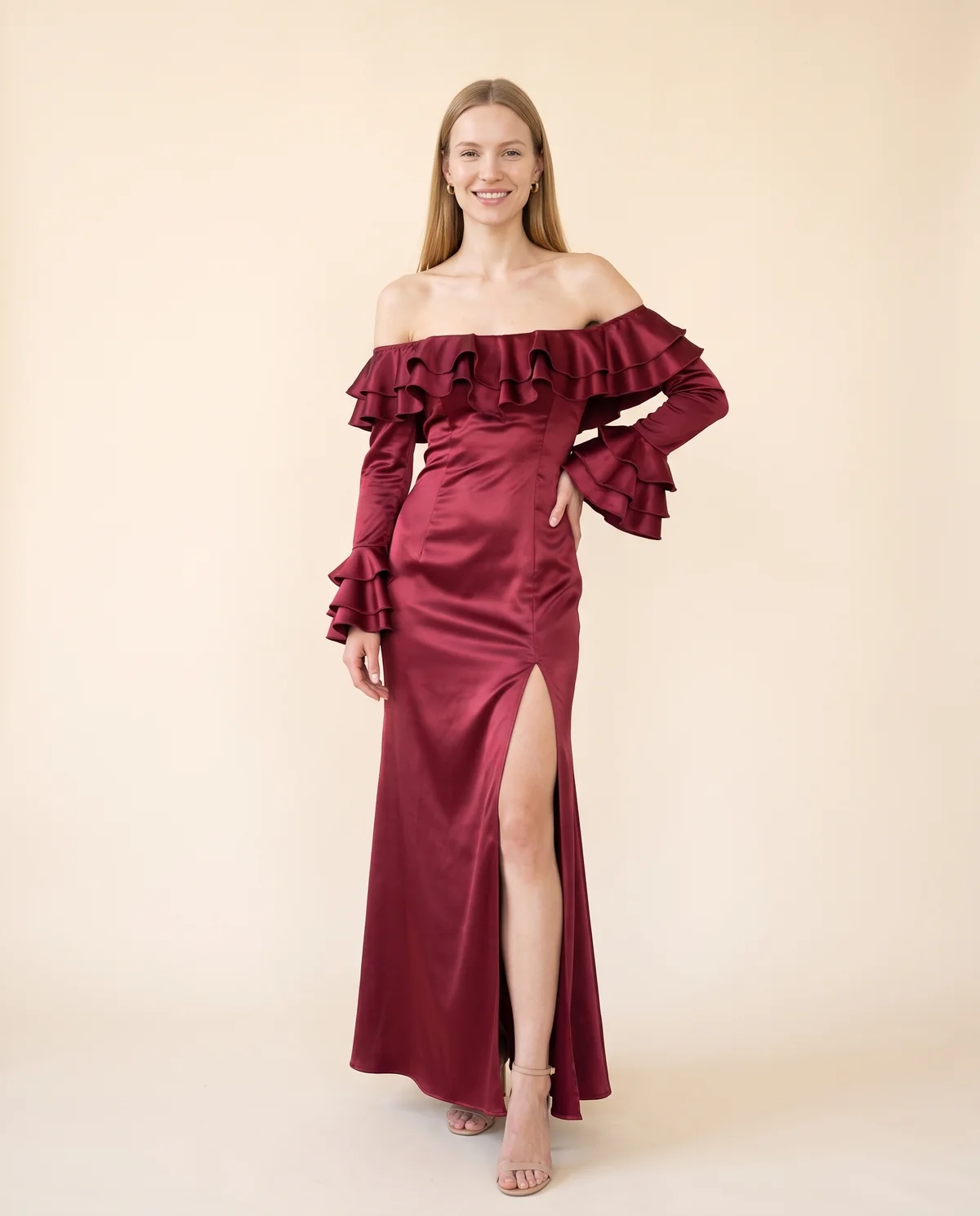 Satin Off-Shoulder Ruffle-Sleeve Maxi Dress in Wine, front view, worn by Maya