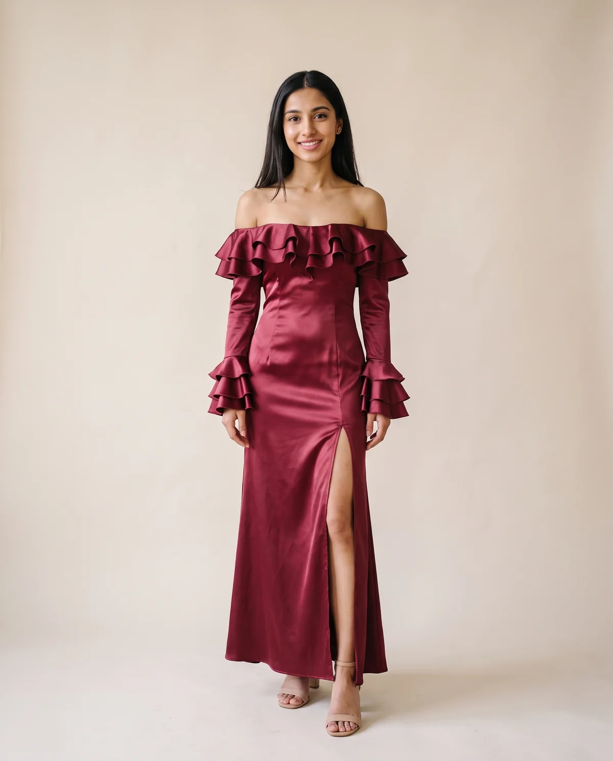 Satin Off-Shoulder Ruffle-Sleeve Maxi Dress in Wine, front view, worn by Priya
