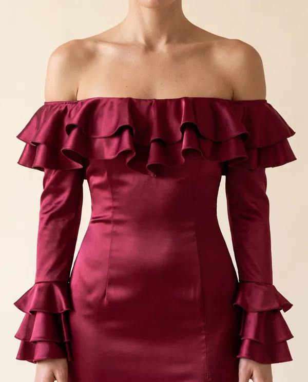 Satin Off-Shoulder Ruffle-Sleeve Maxi Dress in Wine, close-up of the detail