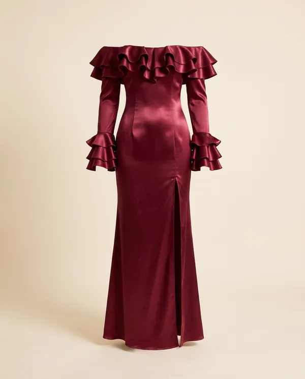 Satin Off-Shoulder Ruffle-Sleeve Maxi Dress in Wine, product shot on a plain background