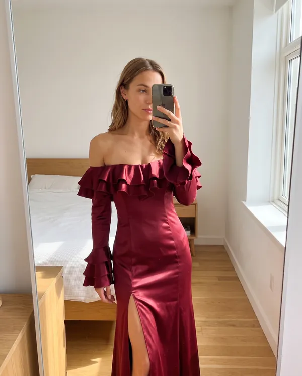 Satin Eve styling: Satin Off-Shoulder Ruffle-Sleeve Maxi Dress