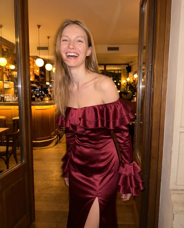 Satin Eve styling: Satin Off-Shoulder Ruffle-Sleeve Maxi Dress