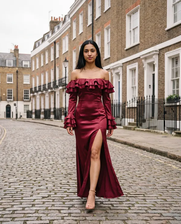 Satin Eve styling: Satin Off-Shoulder Ruffle-Sleeve Maxi Dress