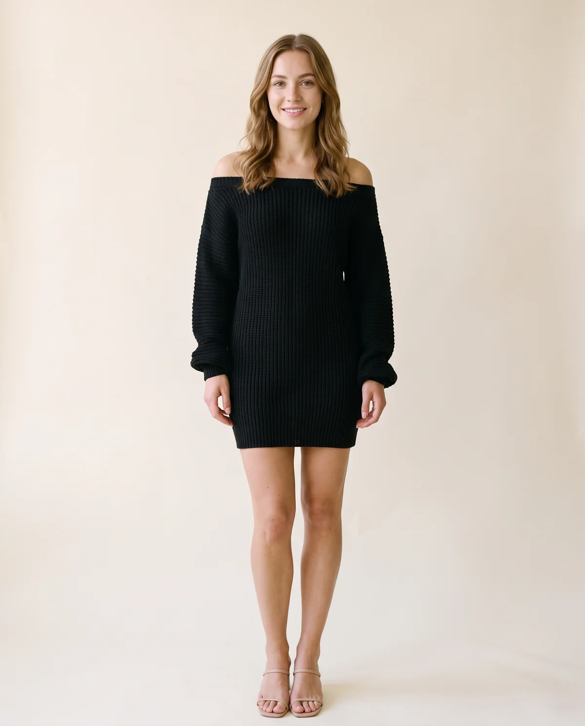 Off-Shoulder Chunky Knit Mini Dress in Black, front view, worn by Ava