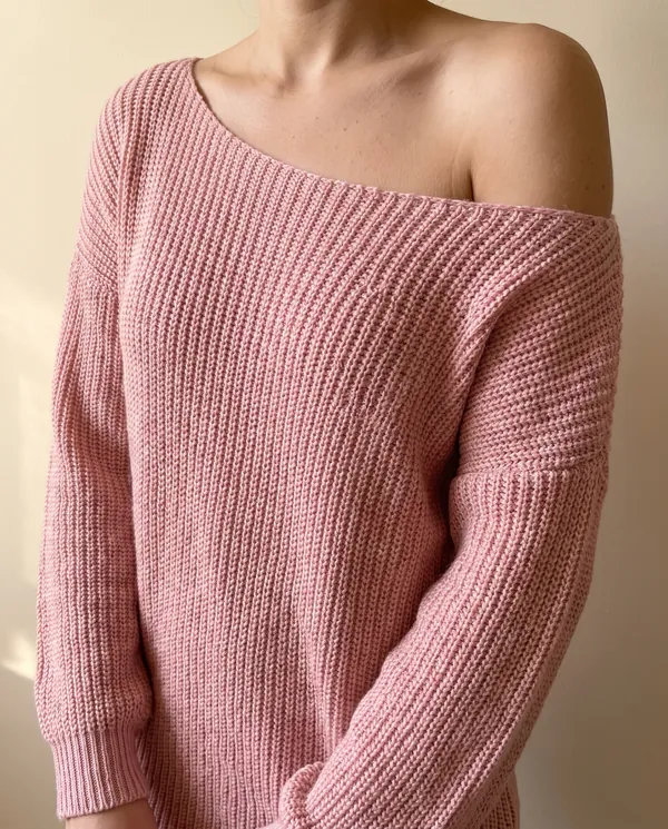 Off-Shoulder Chunky Knit Mini Dress in Pink, close-up of the detail