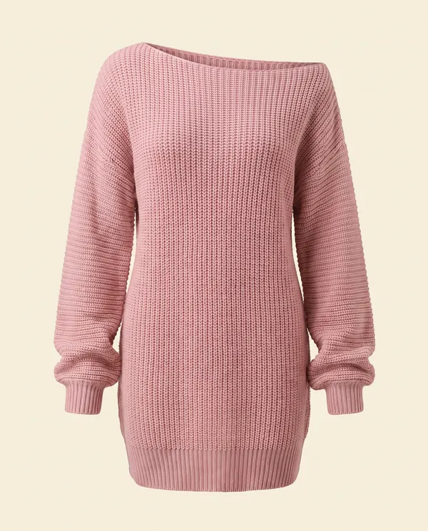 Off-Shoulder Chunky Knit Mini Dress in Pink, product shot on a plain background