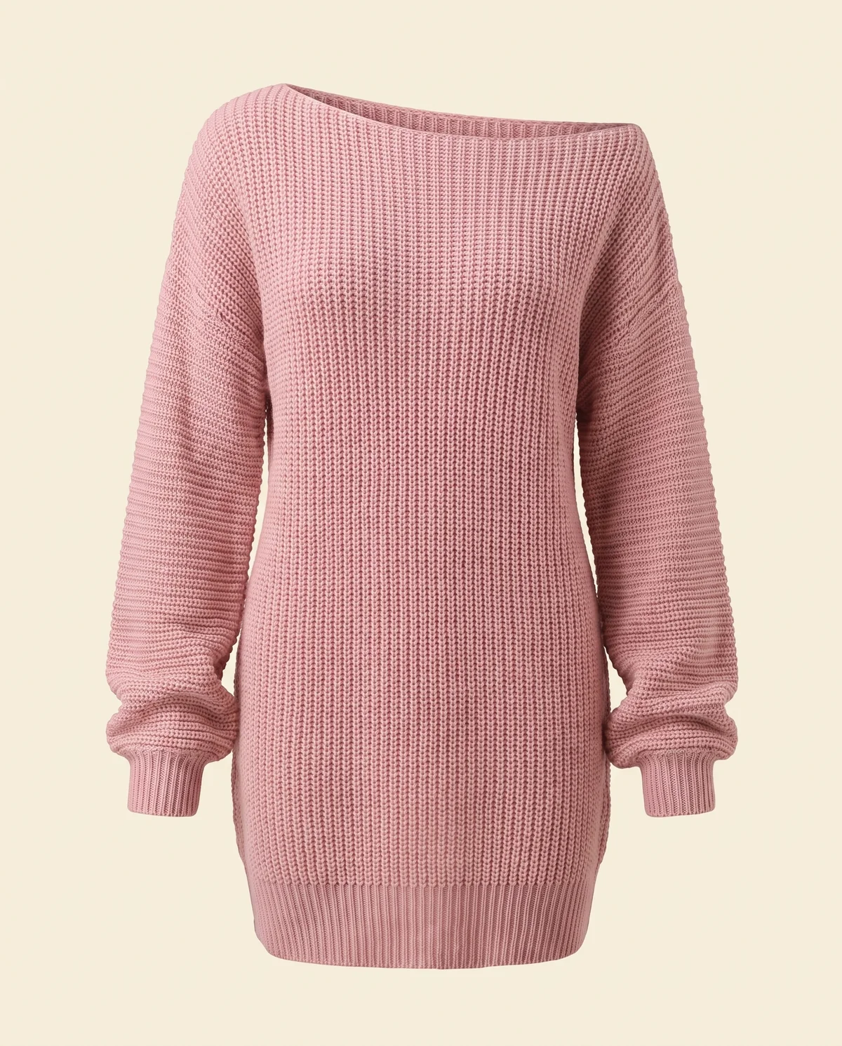 Off-Shoulder Chunky Knit Mini Dress in Pink, product shot on a plain background