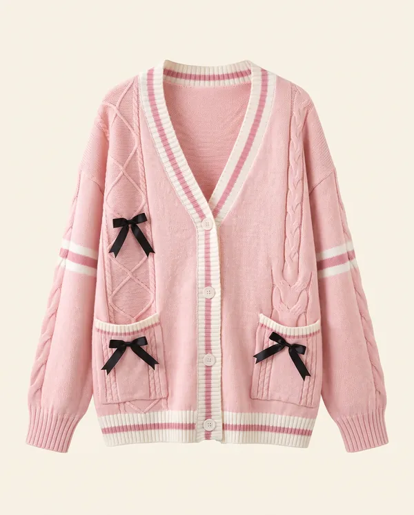 Bow Detail Cable Knit Cardigan in Pink, product shot on a plain background