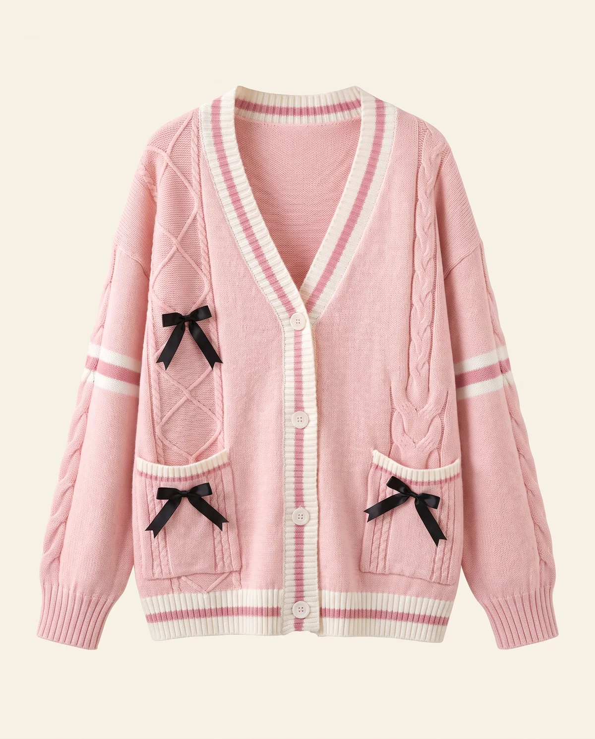 Bow Detail Cable Knit Cardigan in Pink, product shot on a plain background