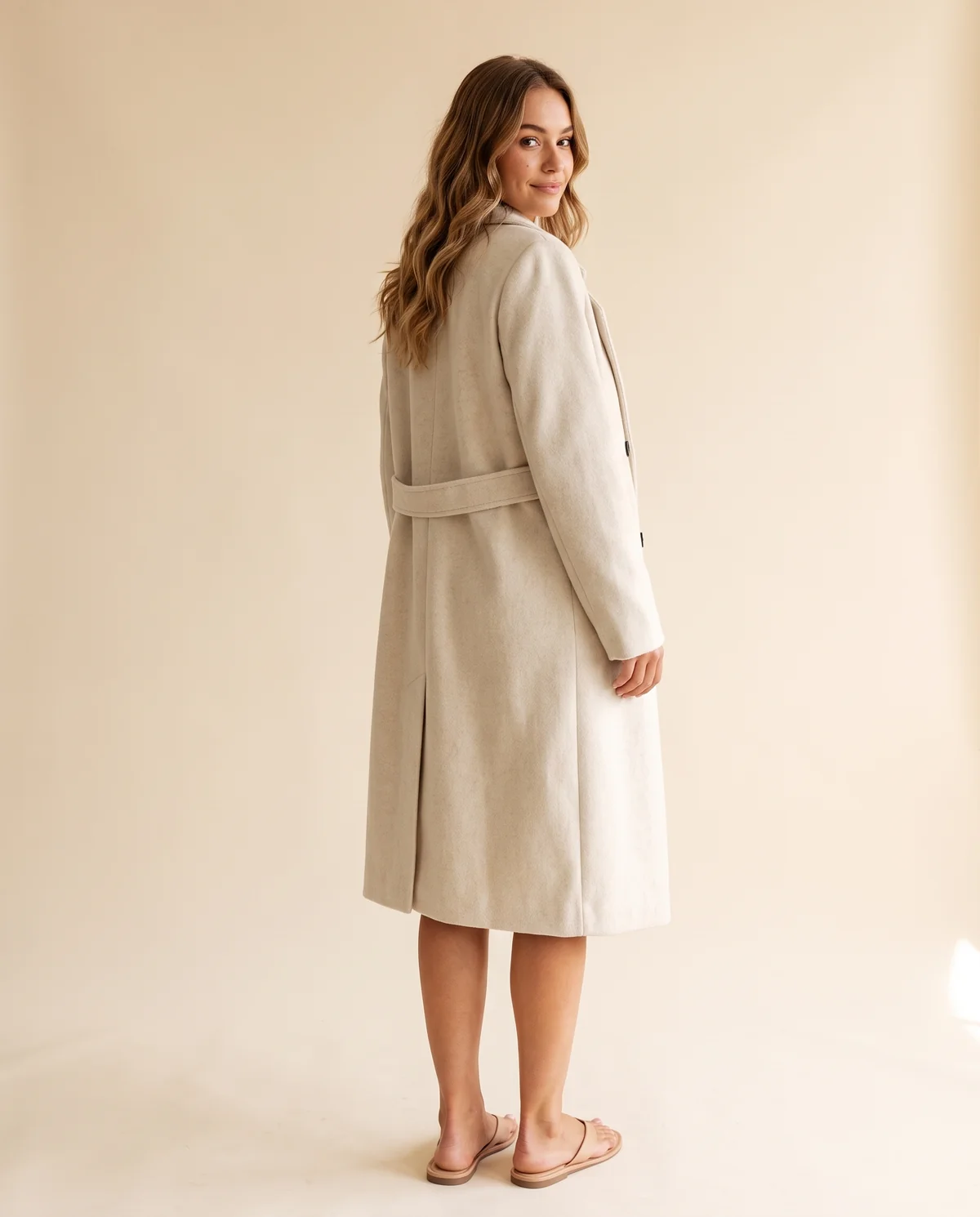 Cream Double-Breasted Wool-Look Coat in Cream, back view, worn by Ava