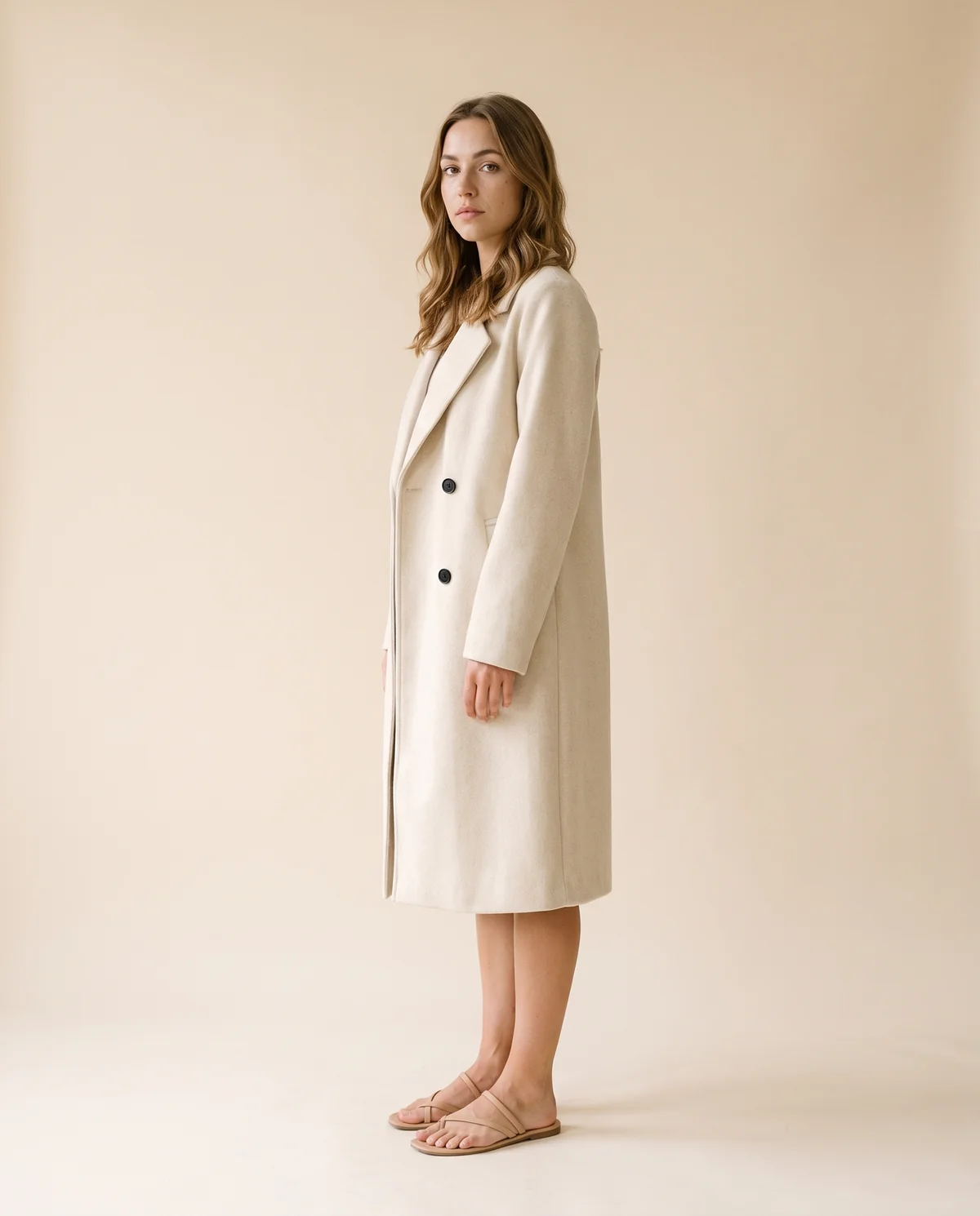 Cream Double-Breasted Wool-Look Coat in Cream, side view, worn by Ava