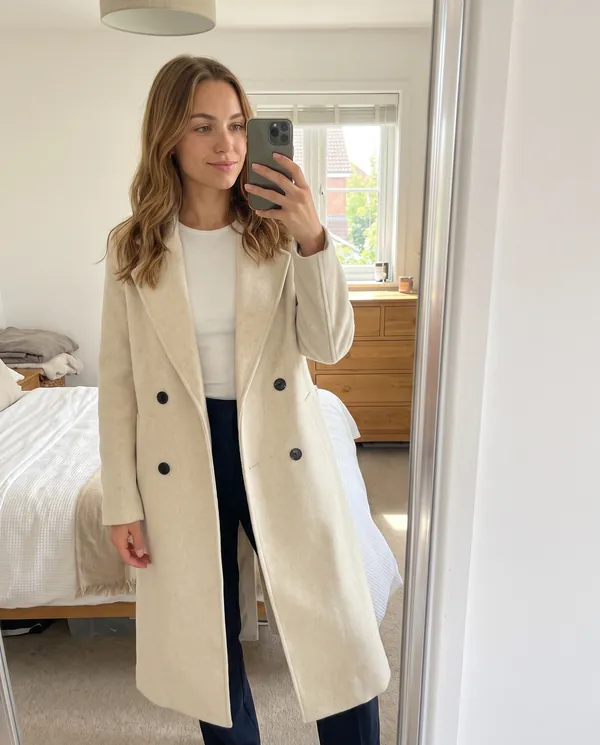 Satin Eve styling: Cream Double-Breasted Wool-Look Coat