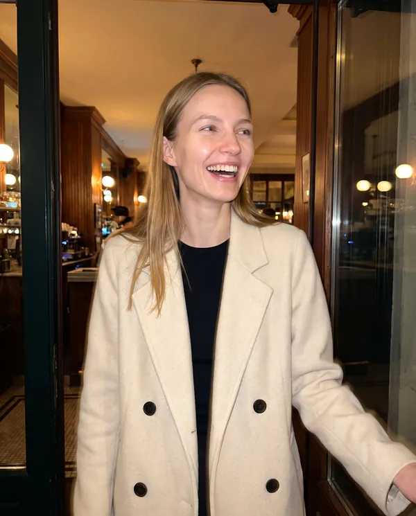 Satin Eve styling: Cream Double-Breasted Wool-Look Coat