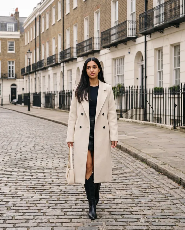 Satin Eve styling: Cream Double-Breasted Wool-Look Coat