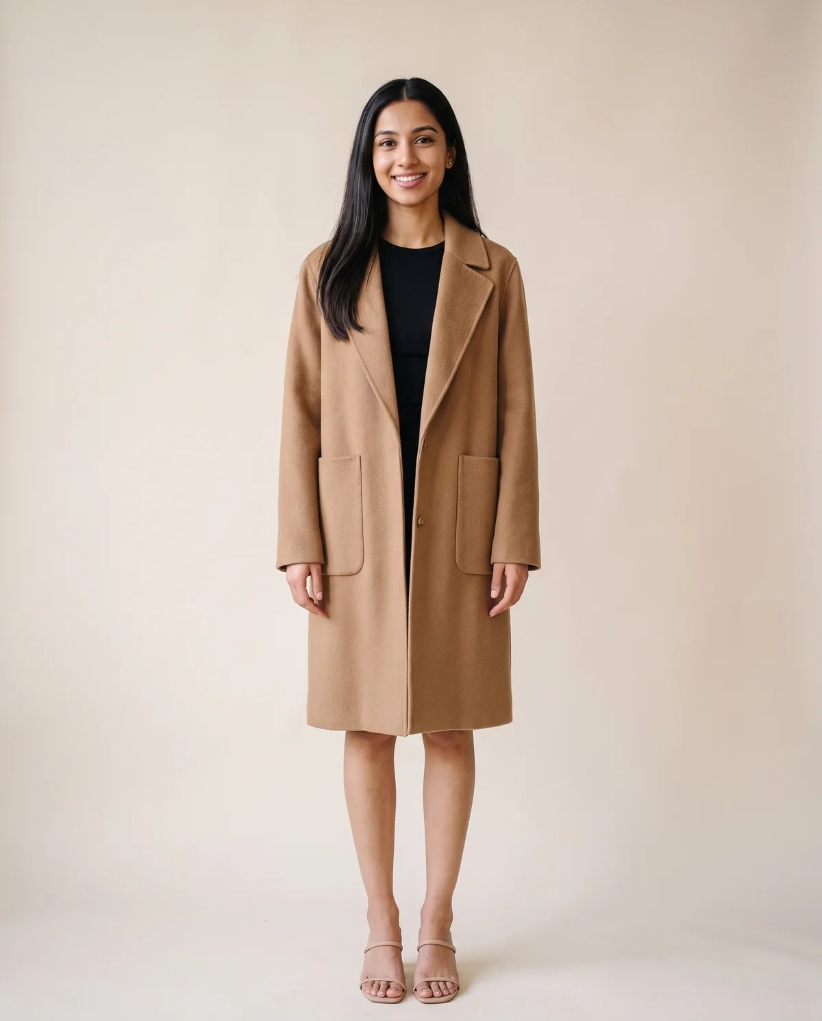 Open-Front Relaxed Wool-Look Coat in Camel, front view, worn by Priya