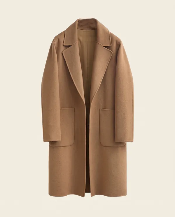 Open-Front Relaxed Wool-Look Coat in Camel, product shot on a plain background