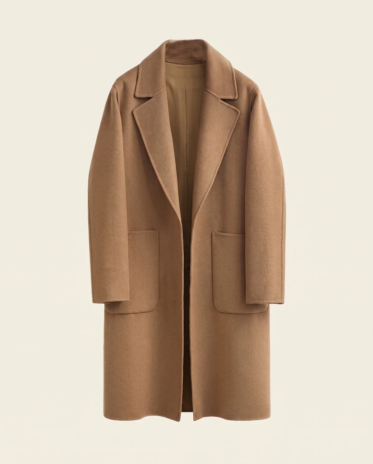 Open-Front Relaxed Wool-Look Coat in Camel, product shot on a plain background