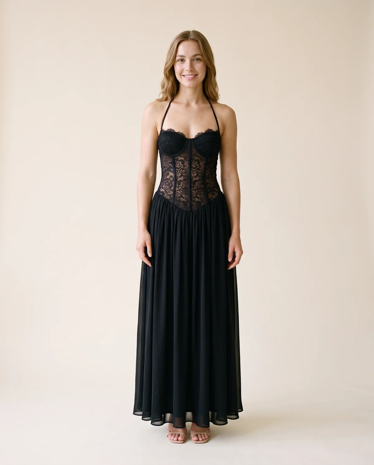Lace Halter Corset Maxi Dress with Chiffon Skirt in Black, front view, worn by Ava