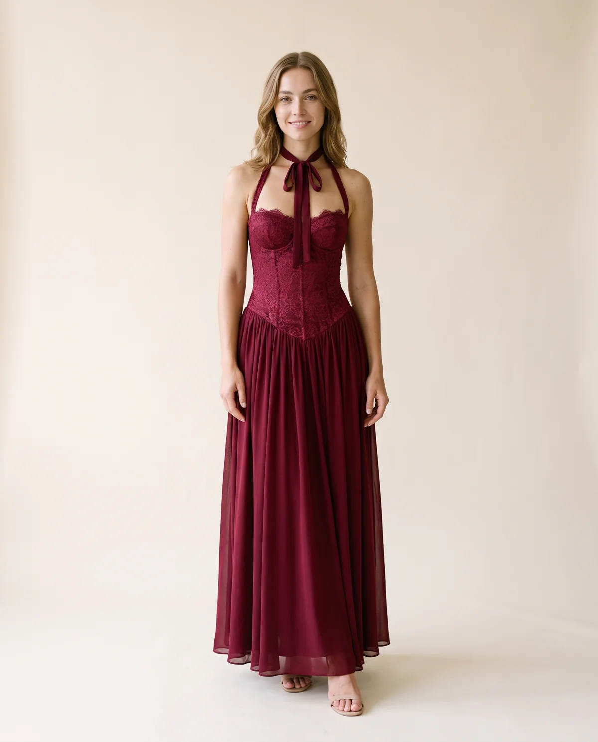 Lace Halter Corset Maxi Dress with Chiffon Skirt in Wine, front view, worn by Ava