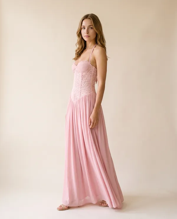 Lace Halter Corset Maxi Dress with Chiffon Skirt in Blush Pink, side view, worn by Ava